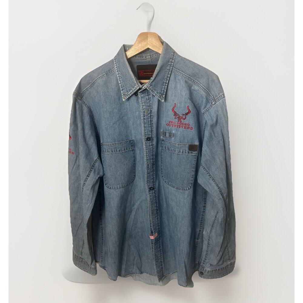Wrangler Riggs Workwear Denim Shirt Embroidered Comfort Relaxed Button Starched